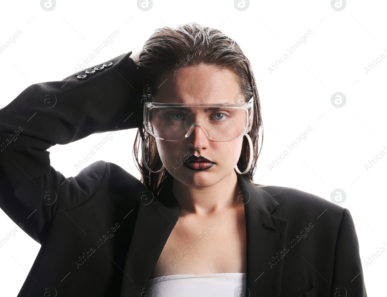 Photo of Beautiful young woman with black lip liner wearing glasses on white background