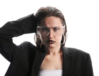 Photo of Beautiful young woman with black lip liner wearing glasses on white background