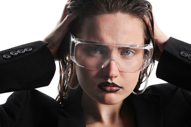 Photo of Beautiful young woman with black lip liner wearing glasses on white background, closeup