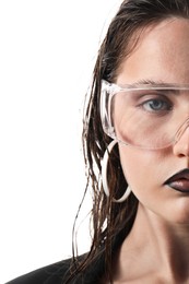 Photo of Beautiful young woman with black lip liner wearing glasses on white background, closeup