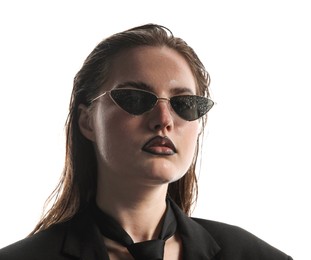 Photo of Beautiful young woman with black lip liner wearing wet sunglasses on white background