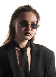 Photo of Beautiful young woman with black lip liner wearing wet sunglasses on white background