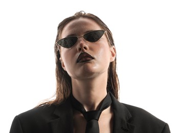 Photo of Beautiful young woman with black lip liner wearing wet sunglasses on white background