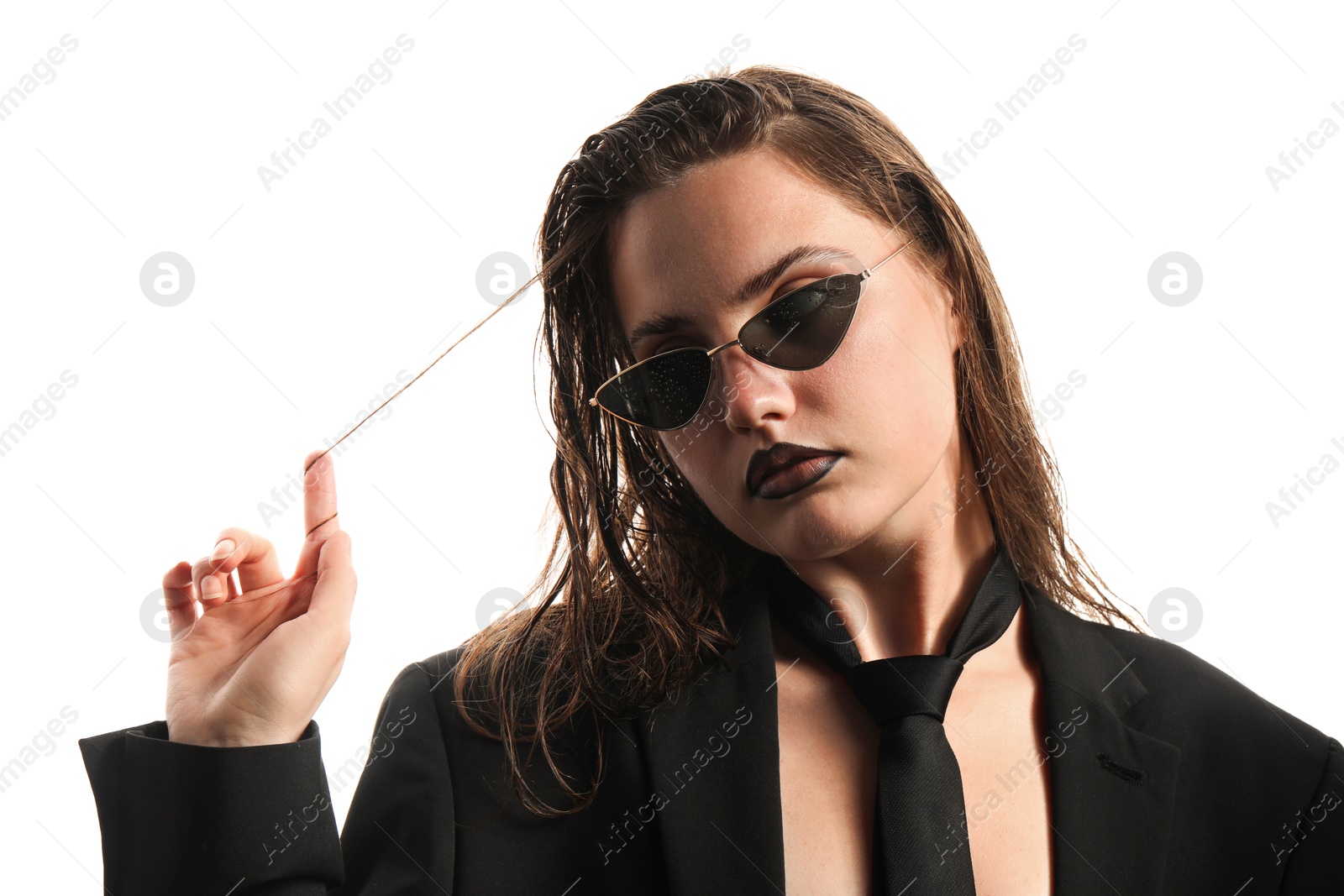 Photo of Beautiful young woman with black lip liner wearing wet sunglasses on white background