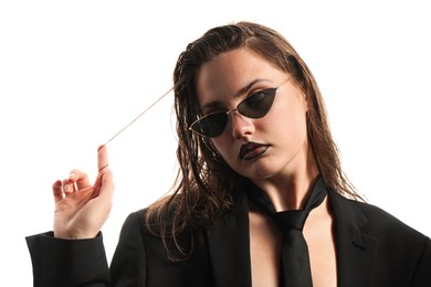 Photo of Beautiful young woman with black lip liner wearing wet sunglasses on white background