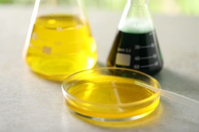 Photo of Laboratory glassware with different samples and stirring rod on light grey table, closeup. Solution chemistry