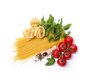 Photo of Different types of pasta and ingredients isolated on white, top view