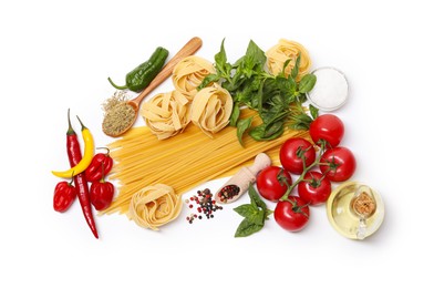 Photo of Different types of pasta and ingredients isolated on white, top view