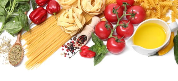 Photo of Different types of pasta and ingredients isolated on white, top view