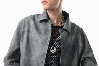 Photo of Young man wearing stylish jacket on white background, closeup