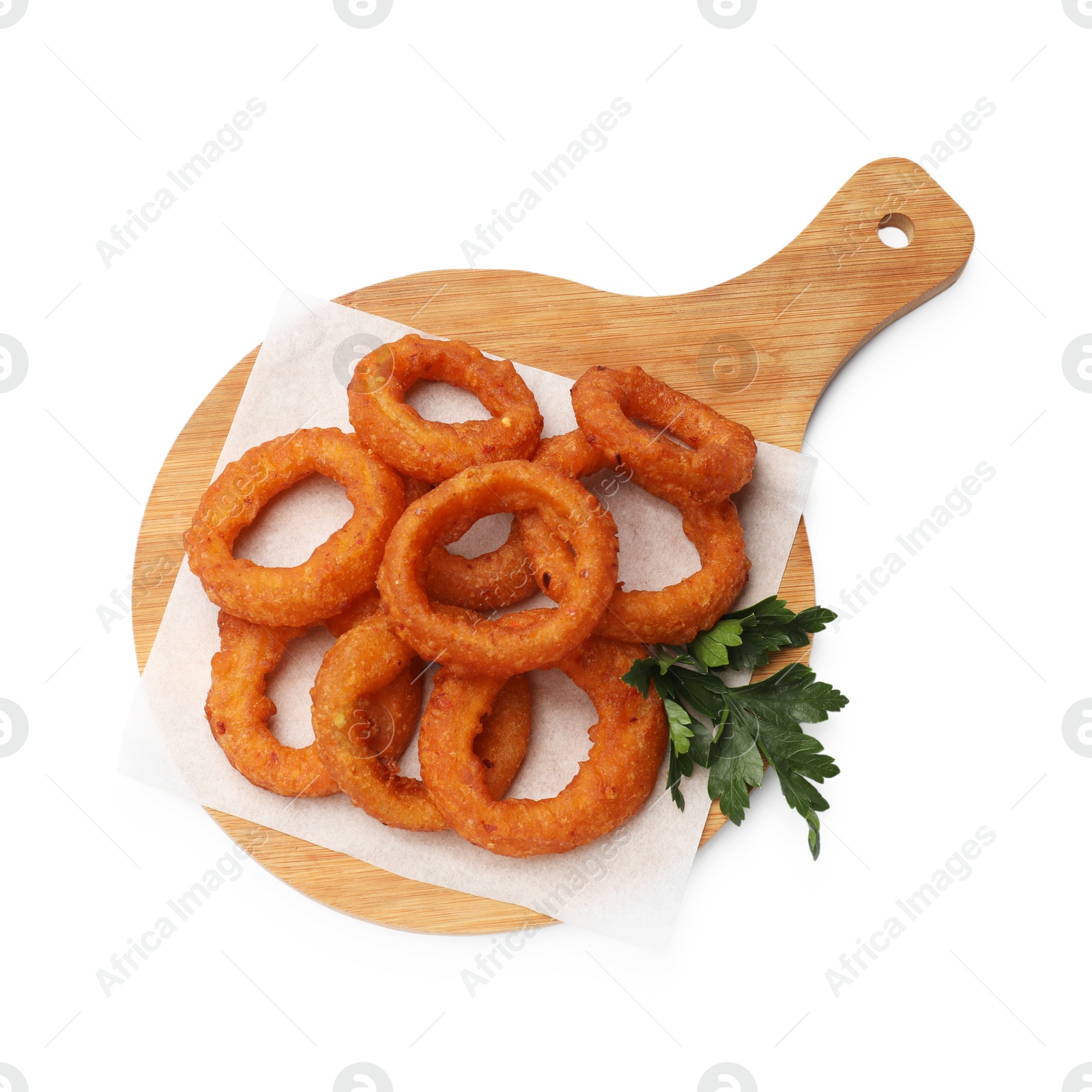 Photo of Fried squid rings with parsley isolated on white, top view