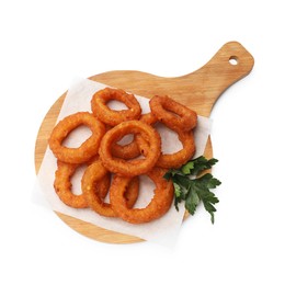 Photo of Fried squid rings with parsley isolated on white, top view