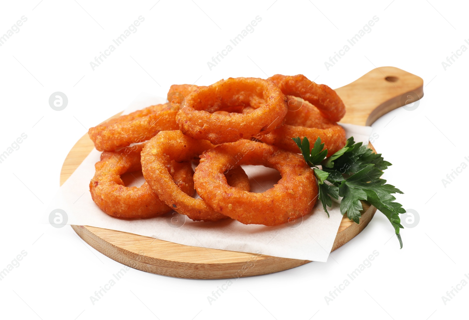 Photo of Fried squid rings with parsley isolated on white