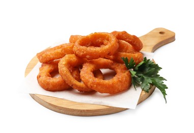 Photo of Fried squid rings with parsley isolated on white
