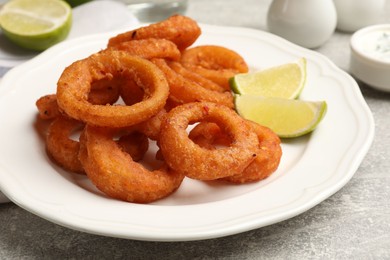 Photo of Fried squid rings and lime on grey table, closeup