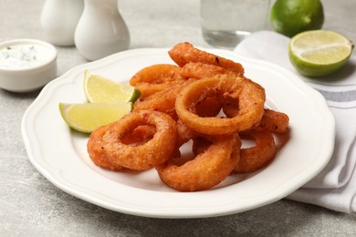 Photo of Fried squid rings, lime and sauce on grey table, closeup