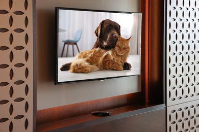 Image of TV set with cat and dog on screen in room
