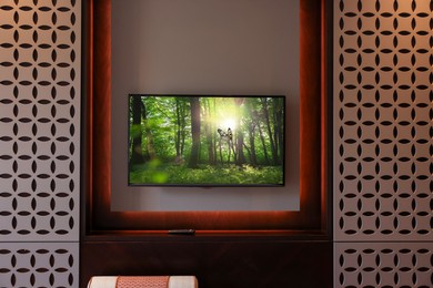 Image of TV set mounted on wall in room. Butterfly in green forest on screen