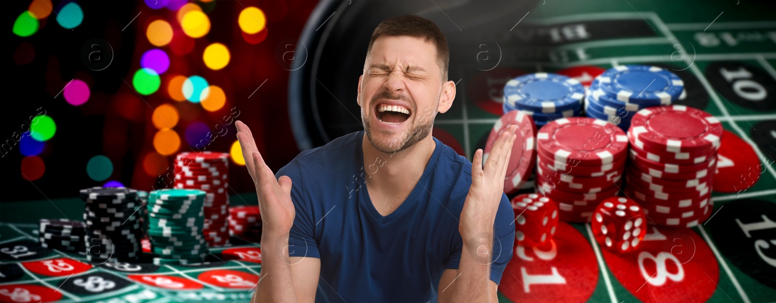 Emotional gambler, casino chips, dice and roulette table. Banner design Image of Emotional gambler, casino chips, dice and roulette table. Banner design