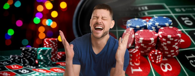 Image of Emotional gambler, casino chips, dice and roulette table. Banner design