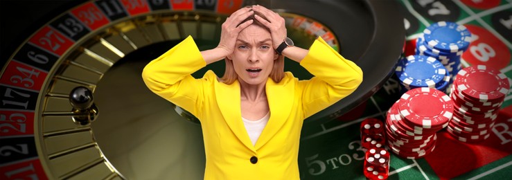Image of Emotional gambler, casino chips, dice and roulette. Banner design