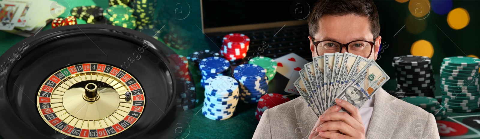 Gambler with money fan, casino chips, playing cards and roulette. Banner design Image of Gambler with money fan, casino chips, playing cards and roulette. Banner design