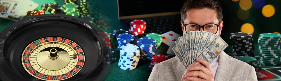 Image of Gambler with money fan, casino chips, playing cards and roulette. Banner design