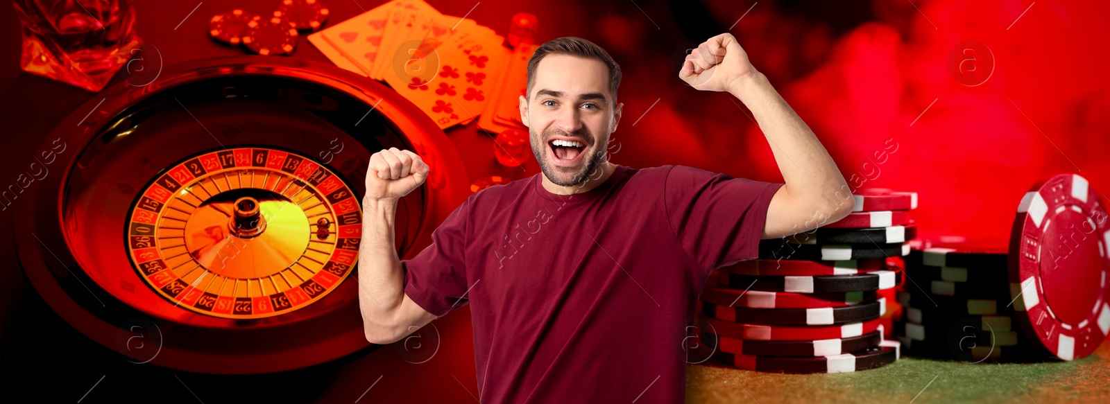 Happy gambler, casino chips, playing cards and roulette. Banner design Image of Happy gambler, casino chips, playing cards and roulette. Banner design