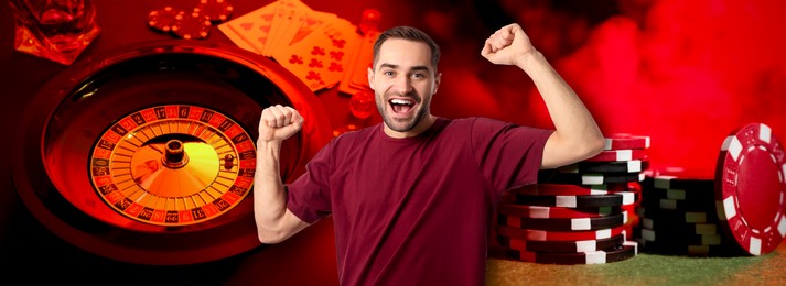 Image of Happy gambler, casino chips, playing cards and roulette. Banner design