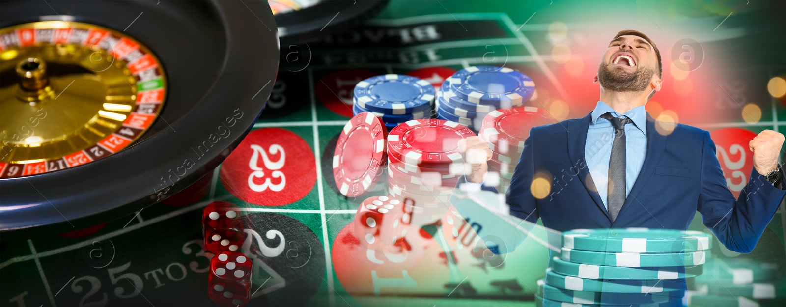 Happy gambler, casino chips, playing cards, dice and roulette. Banner design Image of Happy gambler, casino chips, playing cards, dice and roulette. Banner design