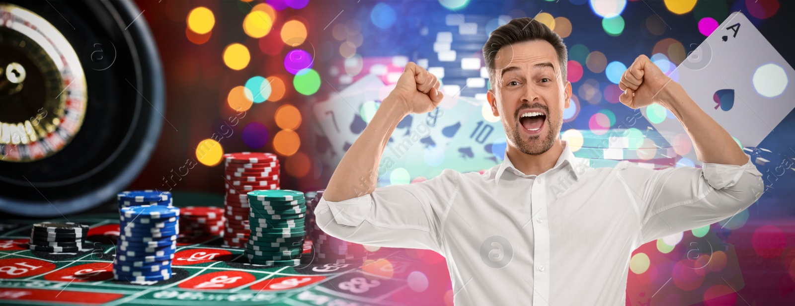 Happy gambler, casino chips, playing cards and roulette. Banner design Image of Happy gambler, casino chips, playing cards and roulette. Banner design