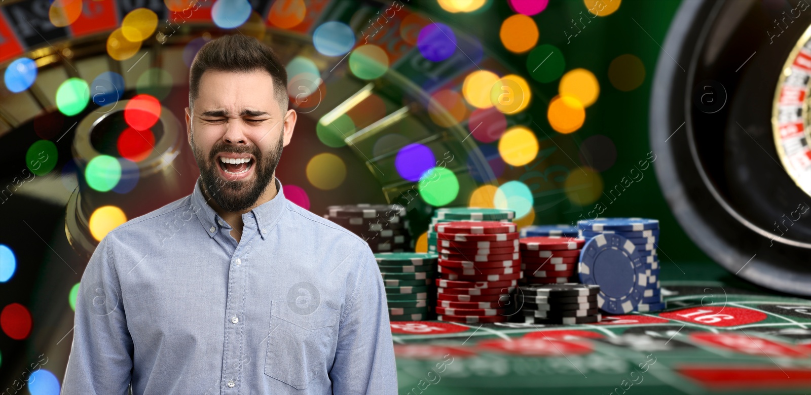 Emotional gambler, casino chips and roulette. Banner design Image of Emotional gambler, casino chips and roulette. Banner design