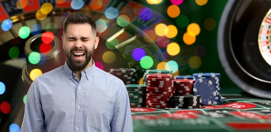 Image of Emotional gambler, casino chips and roulette. Banner design