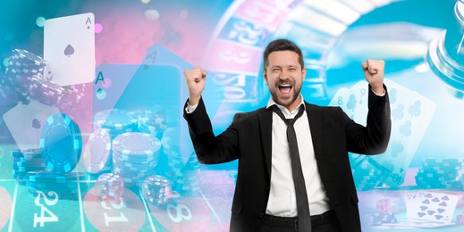Image of Happy gambler, casino chips, dice, playing cards and roulette. Banner design