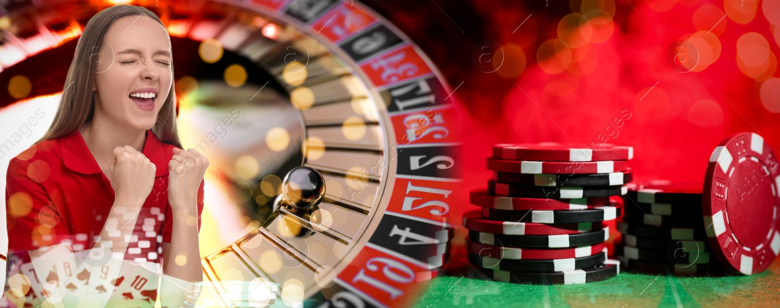Happy gambler, casino chips, playing cards and roulette. Banner design Image of Happy gambler, casino chips, playing cards and roulette. Banner design