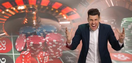 Image of Angry gambler, casino chips, dice and roulette. Banner design