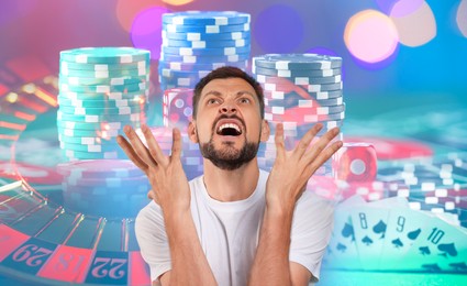 Image of Angry gambler, casino chips, playing cards and roulette. Banner design