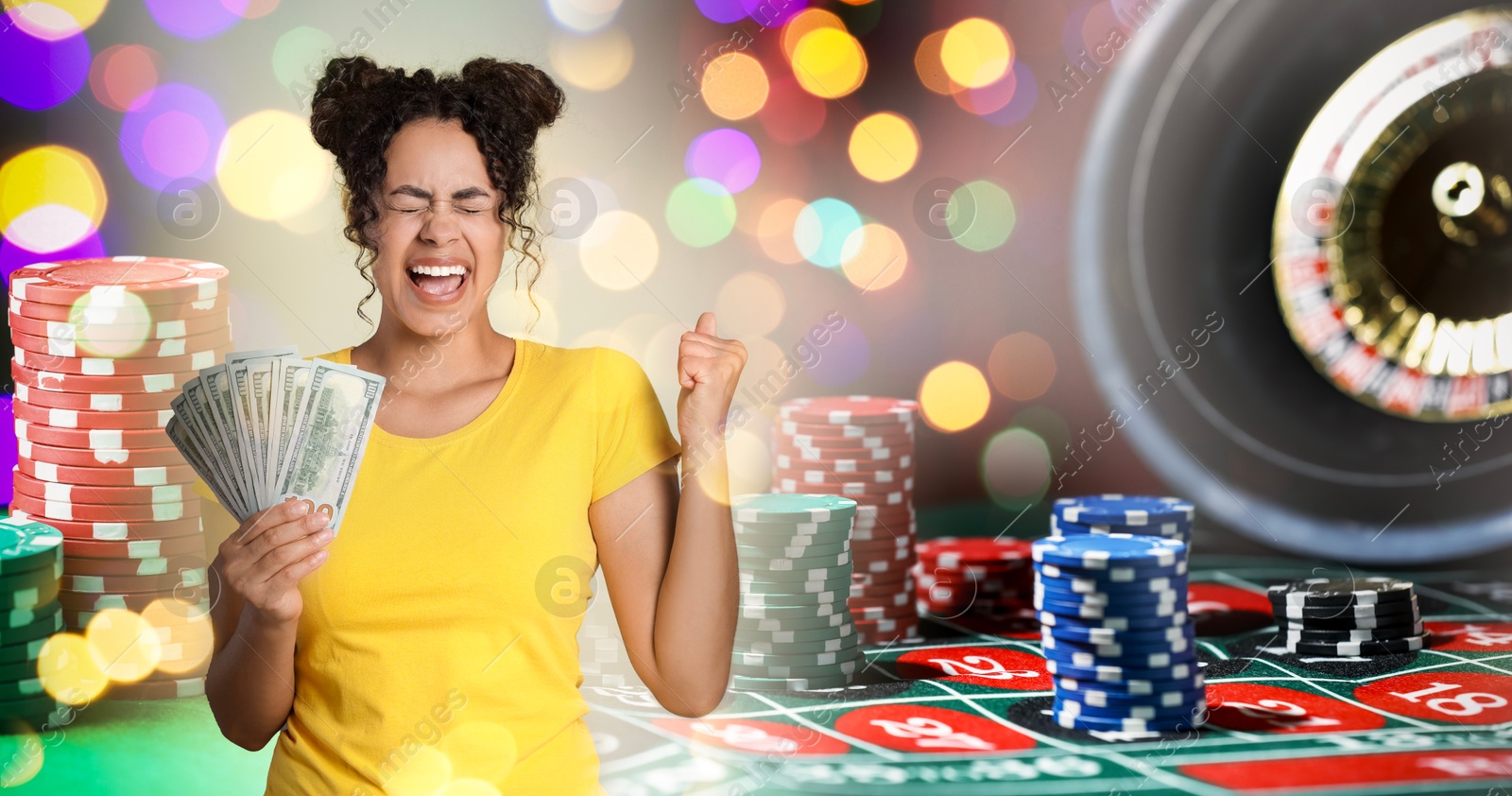 Happy gambler with money fan, casino chips and roulette. Banner design Image of Happy gambler with money fan, casino chips and roulette. Banner design
