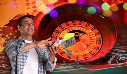 Image of Gambler throwing money, casino chips, playing cards and roulette. Banner design