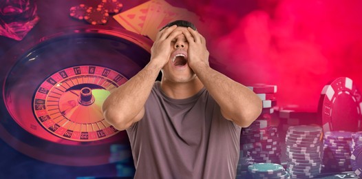 Image of Emotional gambler, casino chips, playing cards and roulette. Banner design