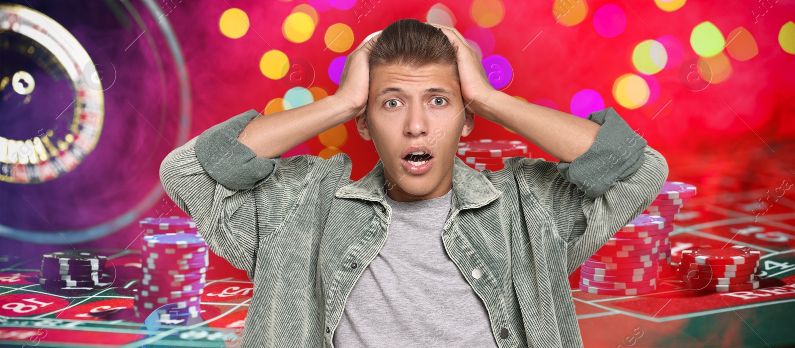 Emotional gambler, casino chips and roulette. Banner design Image of Emotional gambler, casino chips and roulette. Banner design