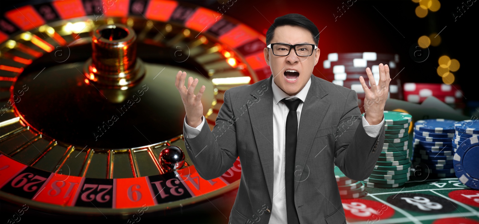 Angry gambler, casino chips and roulette. Banner design Image of Angry gambler, casino chips and roulette. Banner design