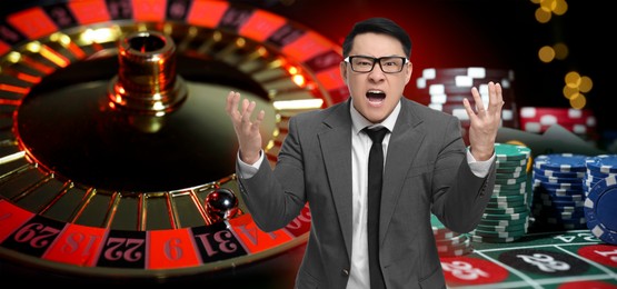 Image of Angry gambler, casino chips and roulette. Banner design