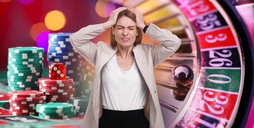 Image of Emotional gambler, casino chips, dice and roulette. Banner design