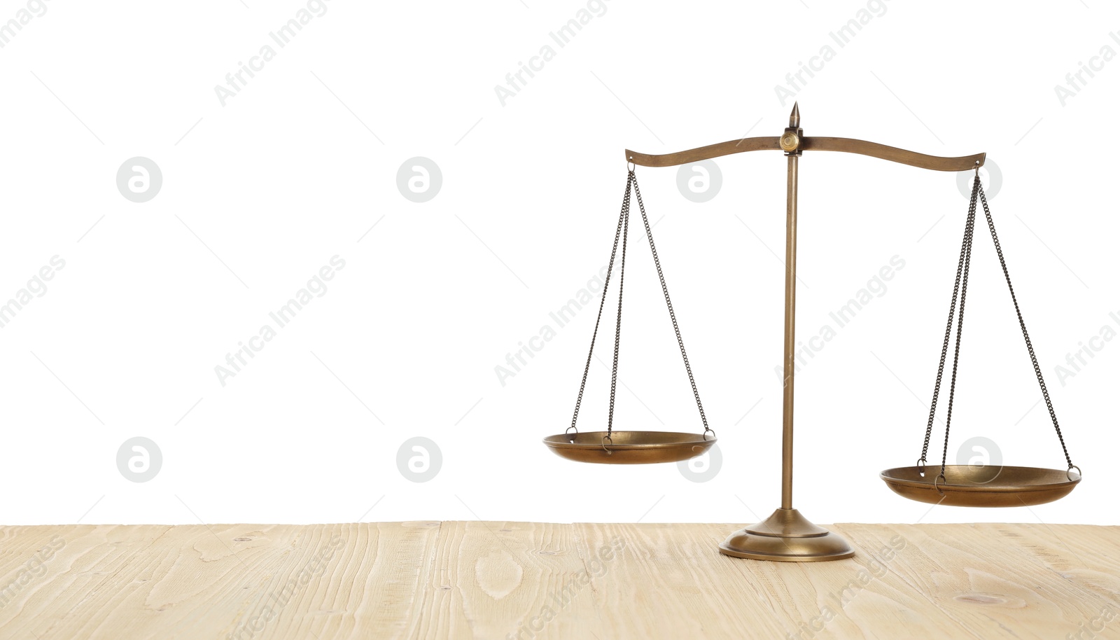 Golden scales of justice on wooden table against white background Photo of Golden scales of justice on wooden table against white background