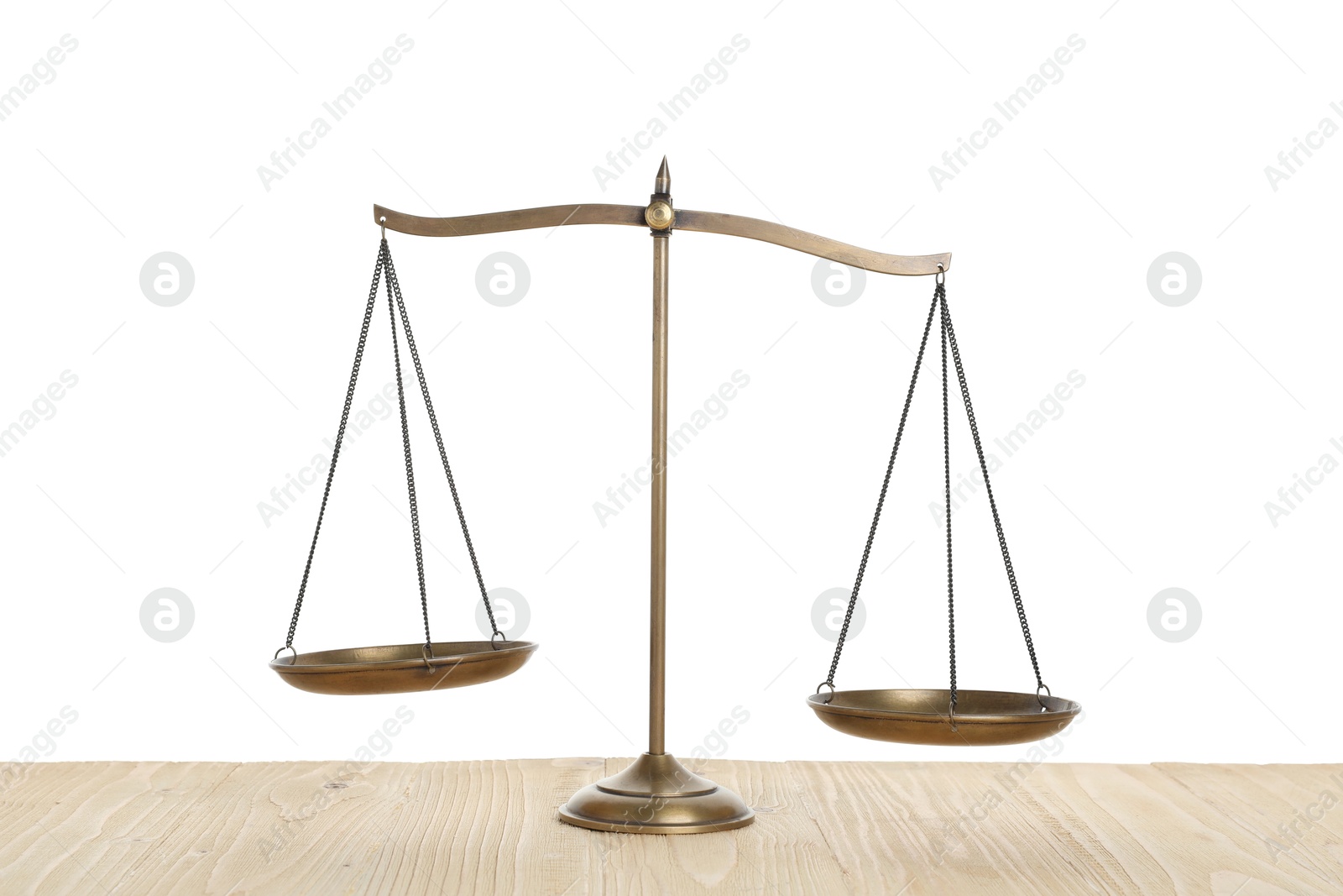 Golden scales of justice on wooden table against white background Photo of Golden scales of justice on wooden table against white background