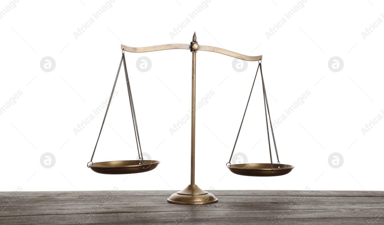 Golden scales of justice on wooden table against white background Photo of Golden scales of justice on wooden table against white background