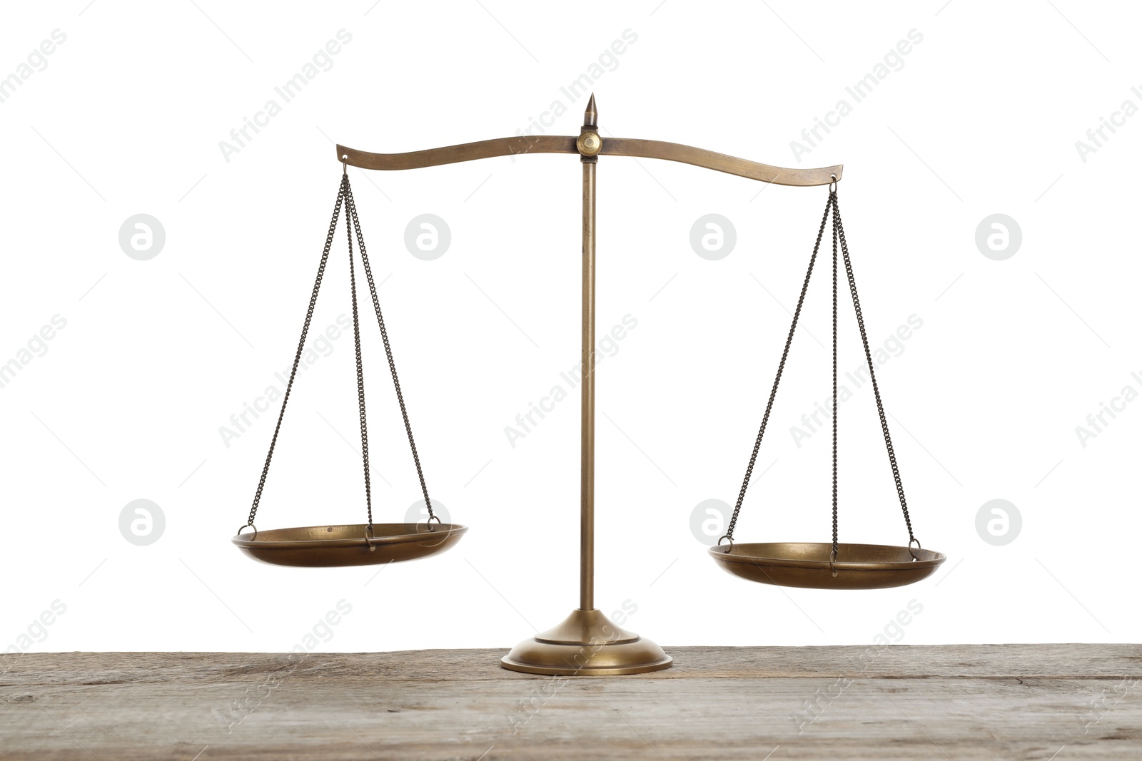 Golden scales of justice on wooden table against white background Photo of Golden scales of justice on wooden table against white background