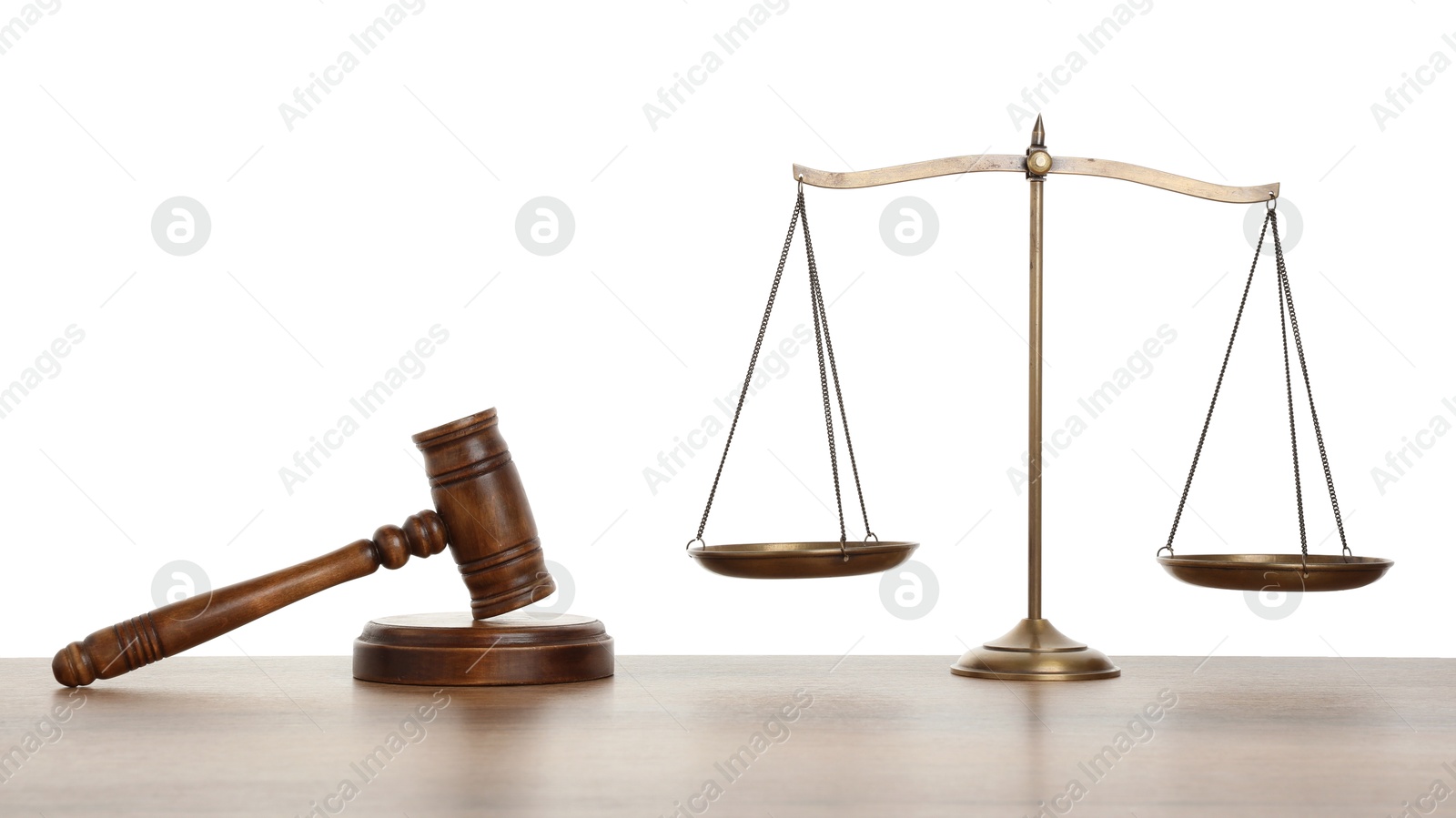 Golden scales of justice and gavel on wooden table against white background Photo of Golden scales of justice and gavel on wooden table against white background