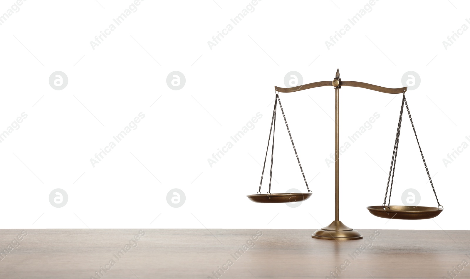 Golden scales of justice on wooden table against white background Photo of Golden scales of justice on wooden table against white background